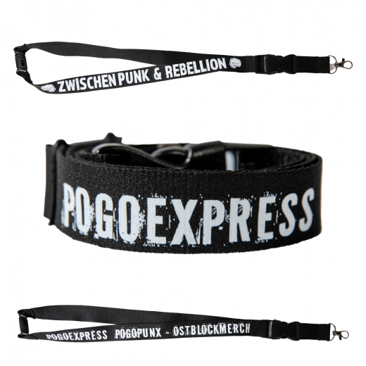Pogoexpress Schlüsselband – Schwarz mit rotem Frontprint & farbigem Skull-Logo