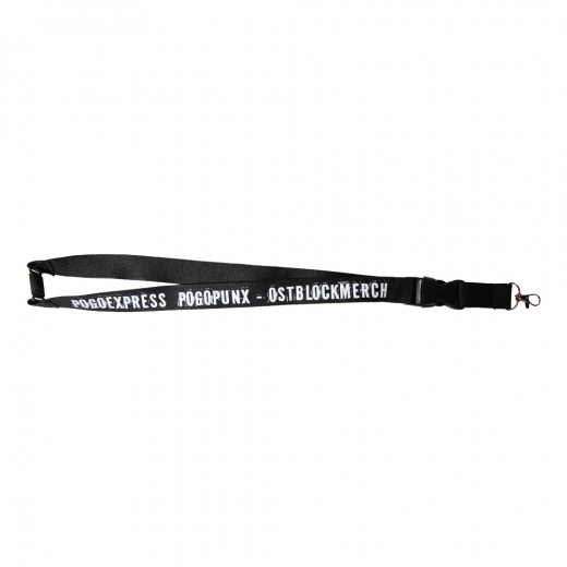 Pogoexpress Schlüsselband – Schwarz mit rotem Frontprint & farbigem Skull-Logo
